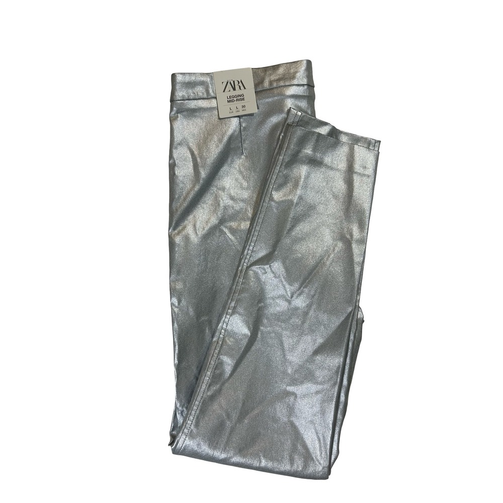 Zara Metallic Silver Mid-Rise Leggings Slim Fit Pants NWT L 30